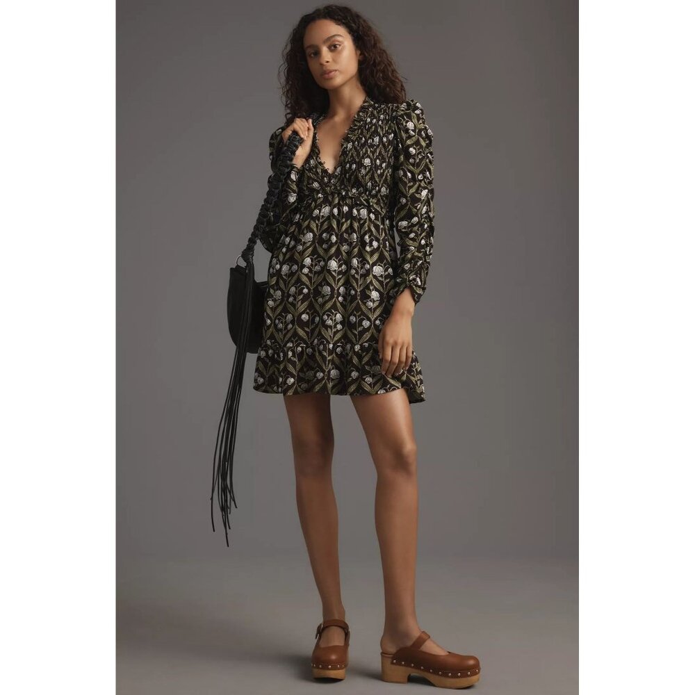 Anthropologie Long-Sleeve V-Neck Ruffle Mini Dress In Black Motif